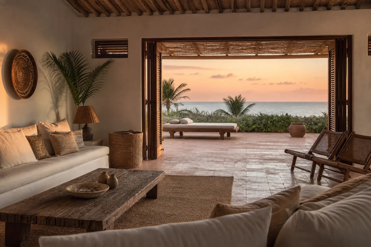 Sala fictícia aberta para o mar